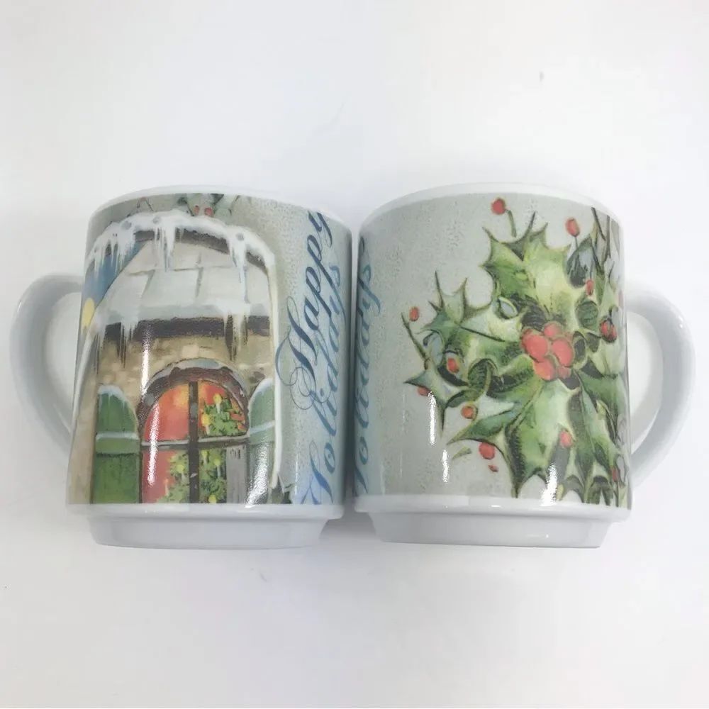 Pottery Barn Nostalgic Happy Holidays Ceramic Mug Set of Two Bundle